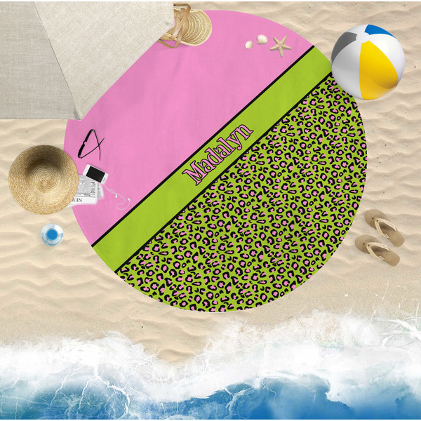Pink & Lime Green Leopard Round Beach Towel Lifestyle