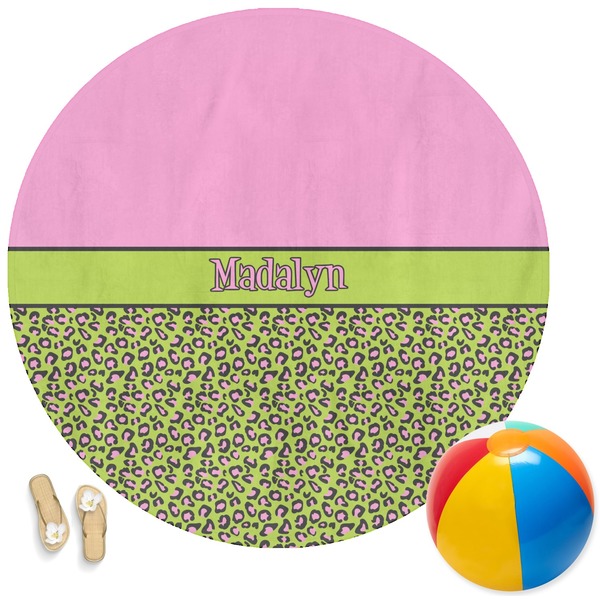 Custom Pink & Lime Green Leopard Round Beach Towel (Personalized)