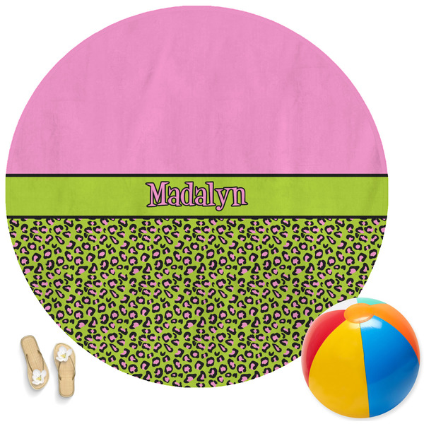 Custom Pink & Lime Green Leopard Round Beach Towel (Personalized)