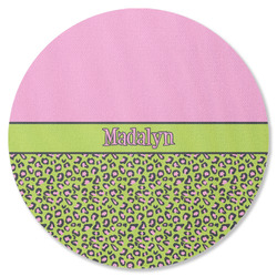 Pink & Lime Green Leopard Round Rubber Backed Coaster (Personalized)