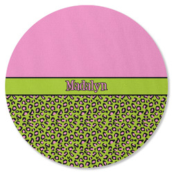 Pink & Lime Green Leopard Round Rubber Backed Coaster (Personalized)
