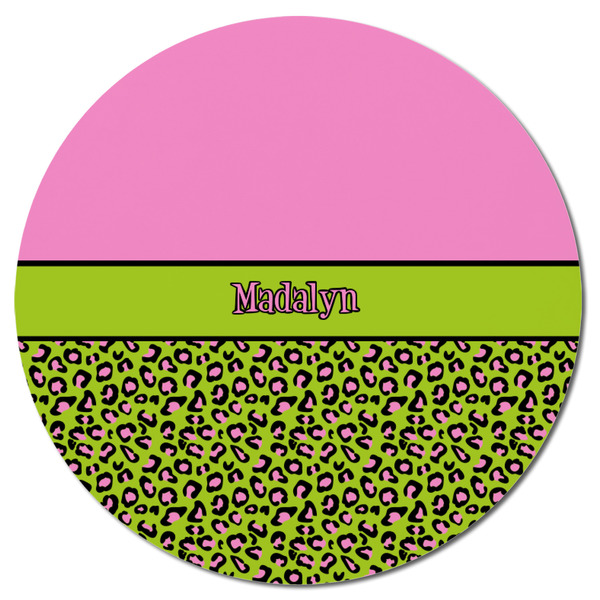 Pink & Lime Green Leopard Round Fridge Magnet - FRONT
