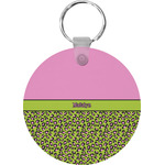 Pink & Lime Green Leopard Round Plastic Keychain (Personalized)