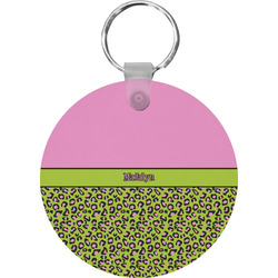 Pink & Lime Green Leopard Round Plastic Keychain (Personalized)