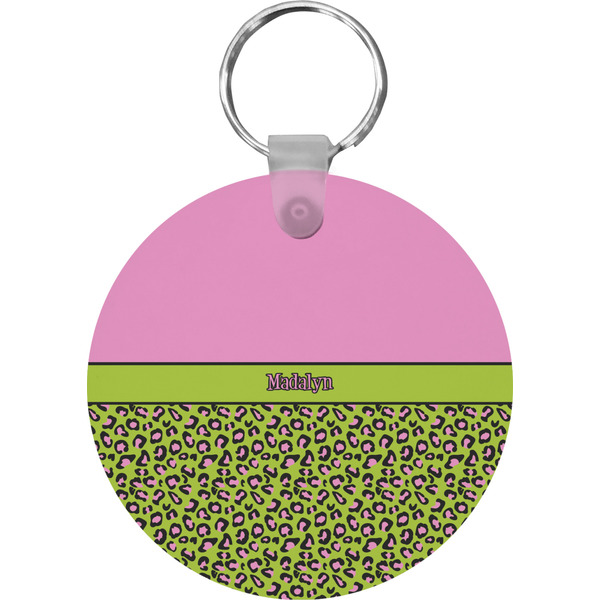 Custom Pink & Lime Green Leopard Round Plastic Keychain (Personalized)