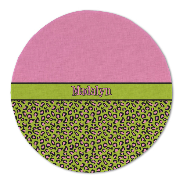 Custom Pink & Lime Green Leopard Round Linen Placemat - Single Sided (Personalized)