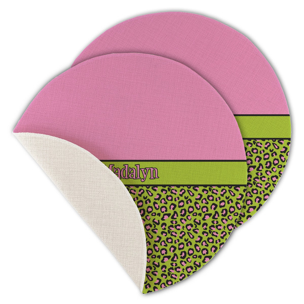 Custom Pink & Lime Green Leopard Round Linen Placemat - Single Sided - Set of 4 (Personalized)