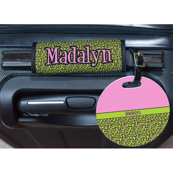 Pink & Lime Green Leopard Round Luggage Tag & Handle Wrap - In Context