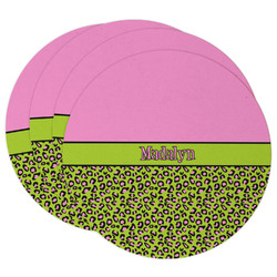 Pink & Lime Green Leopard Round Paper Coasters w/ Name or Text