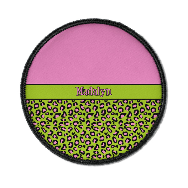 Custom Pink & Lime Green Leopard Iron On Round Patch w/ Name or Text