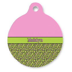 Pink & Lime Green Leopard Round Pet ID Tag (Personalized)