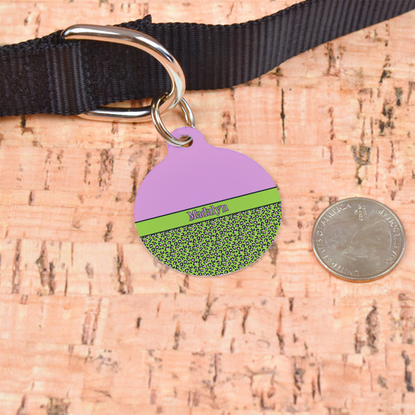 Pink & Lime Green Leopard Round Pet ID Tag - Large - In Context