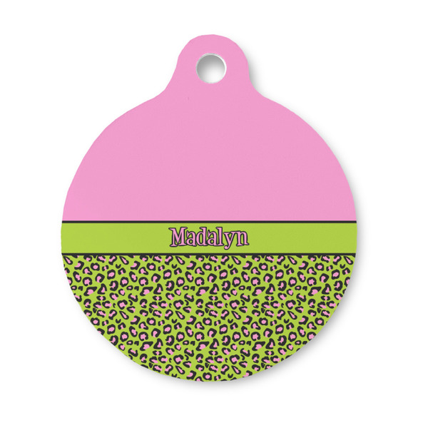 Custom Pink & Lime Green Leopard Round Pet ID Tag - Small (Personalized)