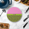 Pink & Lime Green Leopard Round Stone Trivet - In Context View