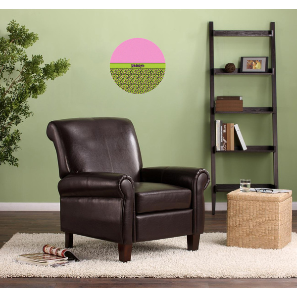 Pink & Lime Green Leopard Round Wall Decal on Living Room Wall