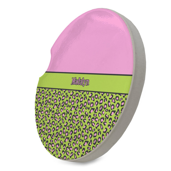 Pink & Lime Green Leopard Sandstone Car Coaster - STANDING ANGLE