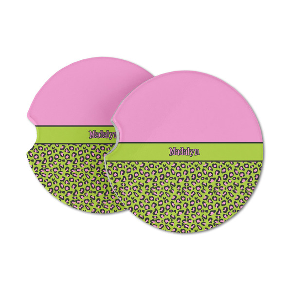 Custom Pink & Lime Green Leopard Sandstone Car Coasters - Set of 2 (Personalized)