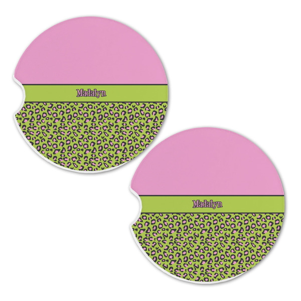 Pink & Lime Green Leopard Sandstone Car Coasters - Set of 2