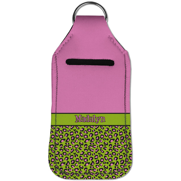 Pink & Lime Green Leopard Sanitizer Holder Keychain - Large (Front)