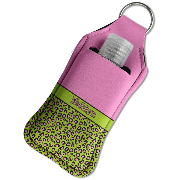 Pink & Lime Green Leopard Sanitizer Holder Keychain - Large in Case