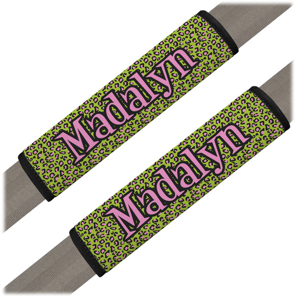 Custom Pink & Lime Green Leopard Seat Belt Covers (Set of 2) (Personalized)