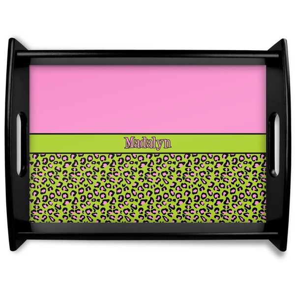 Custom Pink & Lime Green Leopard Black Wooden Tray - Large (Personalized)