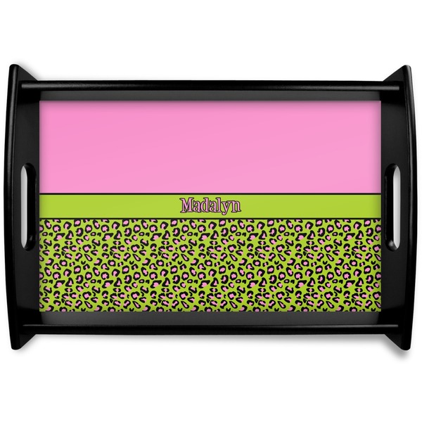 Custom Pink & Lime Green Leopard Black Wooden Tray - Small (Personalized)