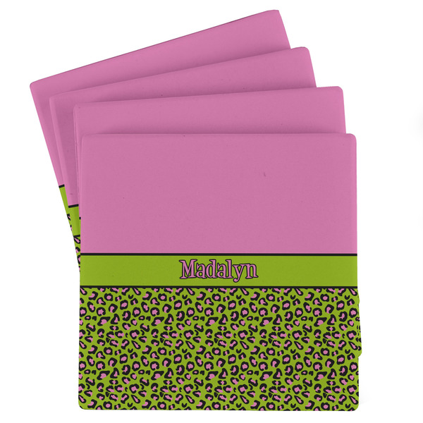 Custom Pink & Lime Green Leopard Absorbent Stone Coasters - Set of 4 (Personalized)