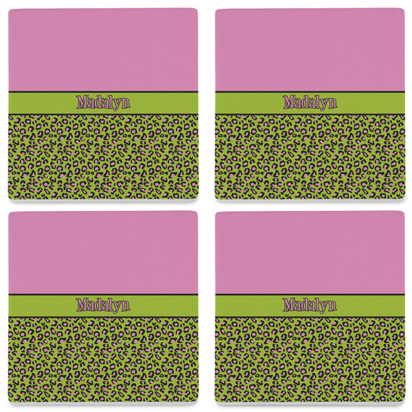 Pink & Lime Green Leopard Set of 4 Sandstone Coasters - See All 4 View