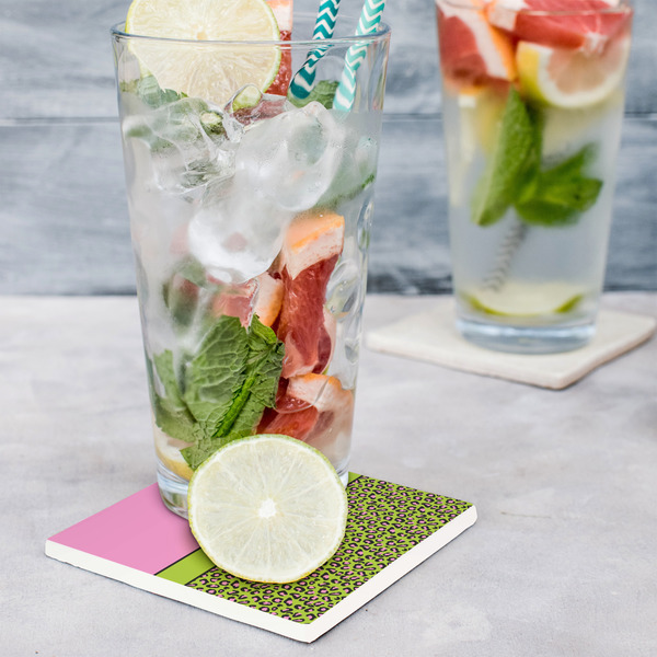 Pink & Lime Green Leopard Set of 4 Stone Coasters - In Context View