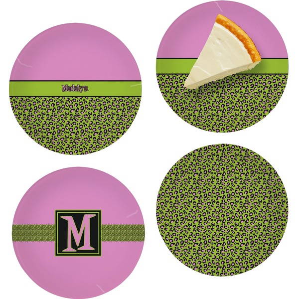 Custom Pink & Lime Green Leopard Set of 4 Glass Appetizer / Dessert Plate 8" (Personalized)