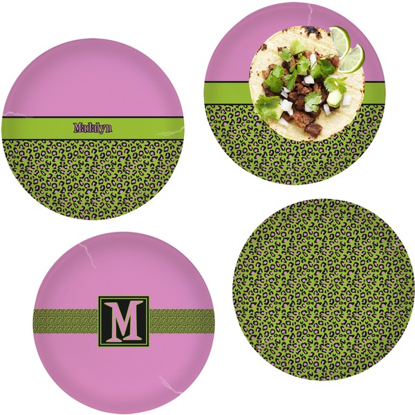 Custom Pink & Lime Green Leopard Set of 4 Glass Lunch / Dinner Plate 10" (Personalized)