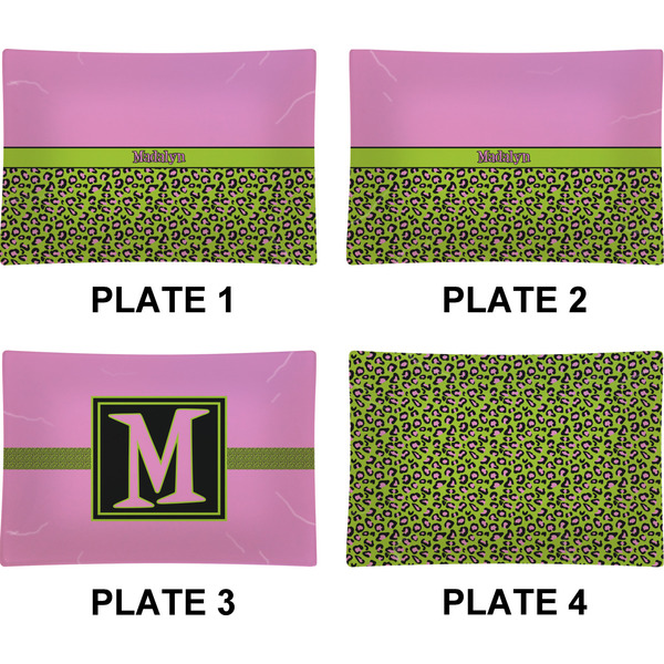 Pink & Lime Green Leopard Set of Rectangular Appetizer / Dessert Plates (Approval)