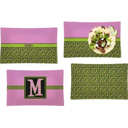 Pink & Lime Green Leopard Set of 4 Glass Rectangular Lunch / Dinner Plate w/ Name or Text