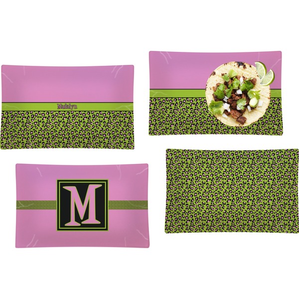 Custom Pink & Lime Green Leopard Set of 4 Glass Rectangular Lunch / Dinner Plate w/ Name or Text