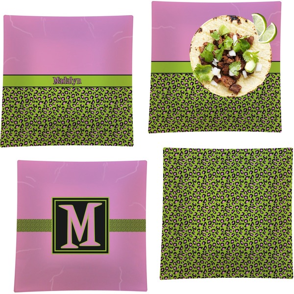 Custom Pink & Lime Green Leopard Set of 4 Glass Square Lunch / Dinner Plate 9.5" (Personalized)