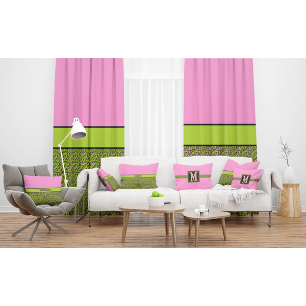 Pink & Lime Green Leopard Sheer and Custom Curtains in Room with Matching Pillows