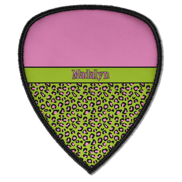 Custom Pink & Lime Green Leopard Iron on Shield Patch A w/ Name or Text