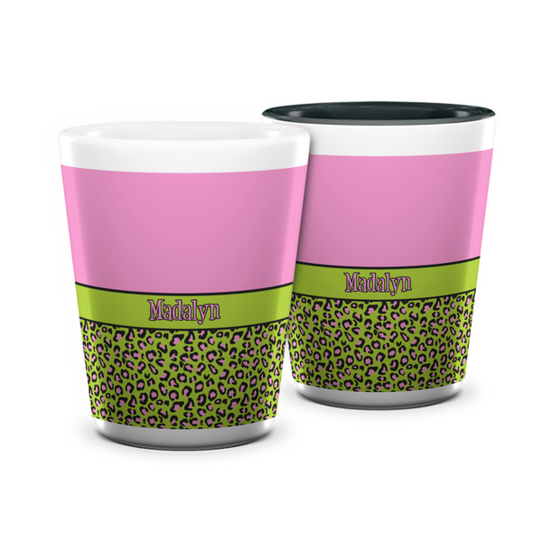 Custom Pink & Lime Green Leopard Ceramic Shot Glass - 1.5 oz (Personalized)