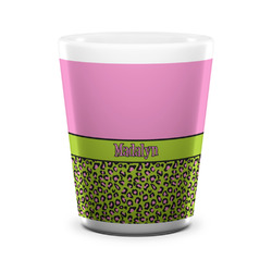 Pink & Lime Green Leopard Ceramic Shot Glass - 1.5 oz - White - Set of 4 (Personalized)