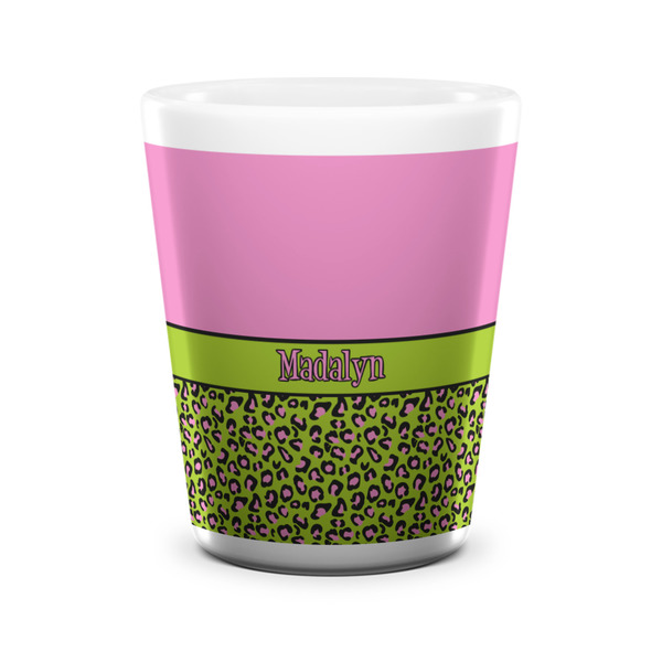 Custom Pink & Lime Green Leopard Ceramic Shot Glass - 1.5 oz - White - Set of 4 (Personalized)