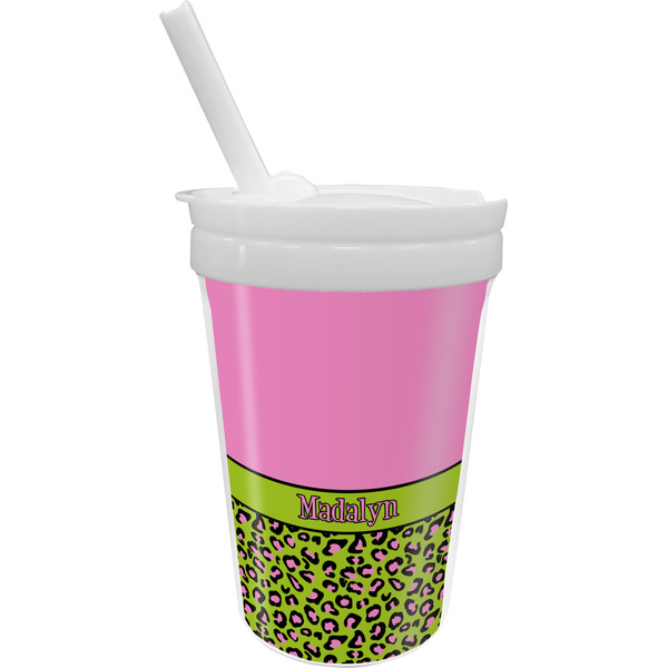 Custom Pink & Lime Green Leopard Sippy Cup with Straw (Personalized)