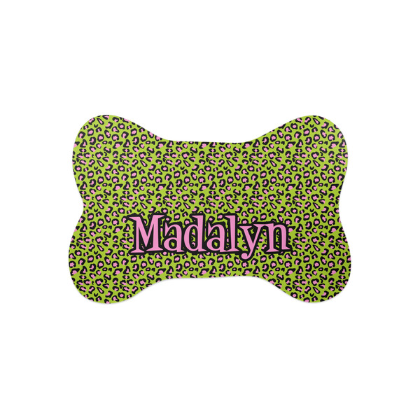 Custom Pink & Lime Green Leopard Bone Shaped Dog Food Mat (Small) (Personalized)