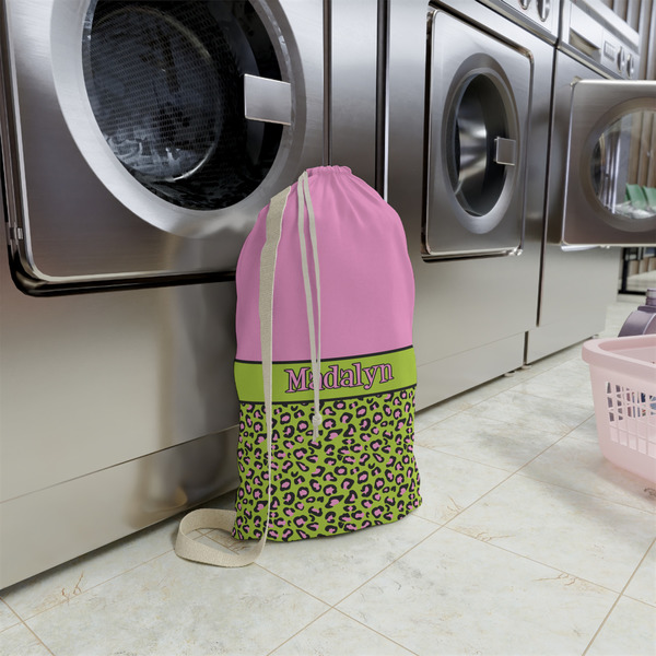 Pink & Lime Green Leopard Small Landry Bag - In Context