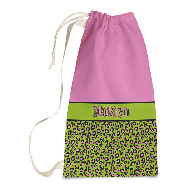 Custom Pink & Lime Green Leopard Laundry Bags - Small (Personalized)