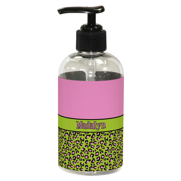 Custom Pink & Lime Green Leopard Plastic Soap / Lotion Dispenser (8 oz - Small - Black) (Personalized)