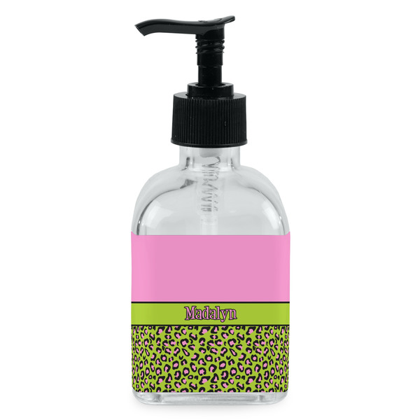 Custom Pink & Lime Green Leopard Glass Soap & Lotion Bottle - Single Bottle (Personalized)