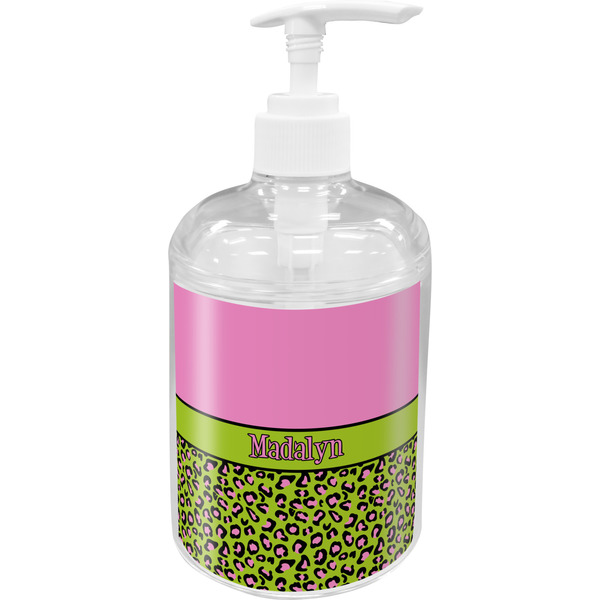 Custom Pink & Lime Green Leopard Acrylic Soap & Lotion Bottle (Personalized)