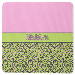 Pink & Lime Green Leopard Square Rubber Backed Coaster (Personalized)