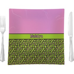 Pink & Lime Green Leopard 9.5" Glass Square Lunch / Dinner Plate- Single or Set of 4 (Personalized)